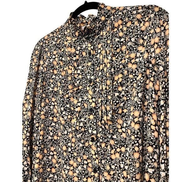 Nili Lotan Pleated Floral Balloon Sleeve Button Down High Neck Blouse M Black - Picture 2 of 9